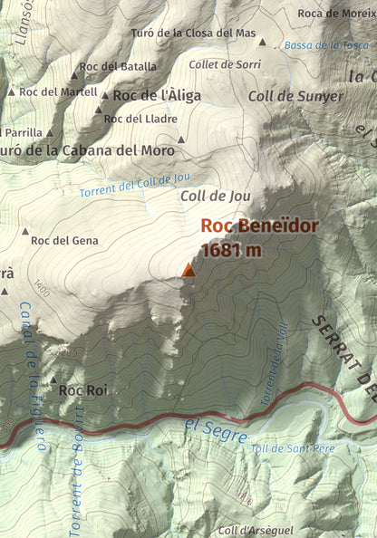 Mapa de relieve de Roc Beneïdor, 1681 m, Alt Urgell, lámina 100 Cims de Trobart. Detalle de la zona central. 21 × 30 cm.