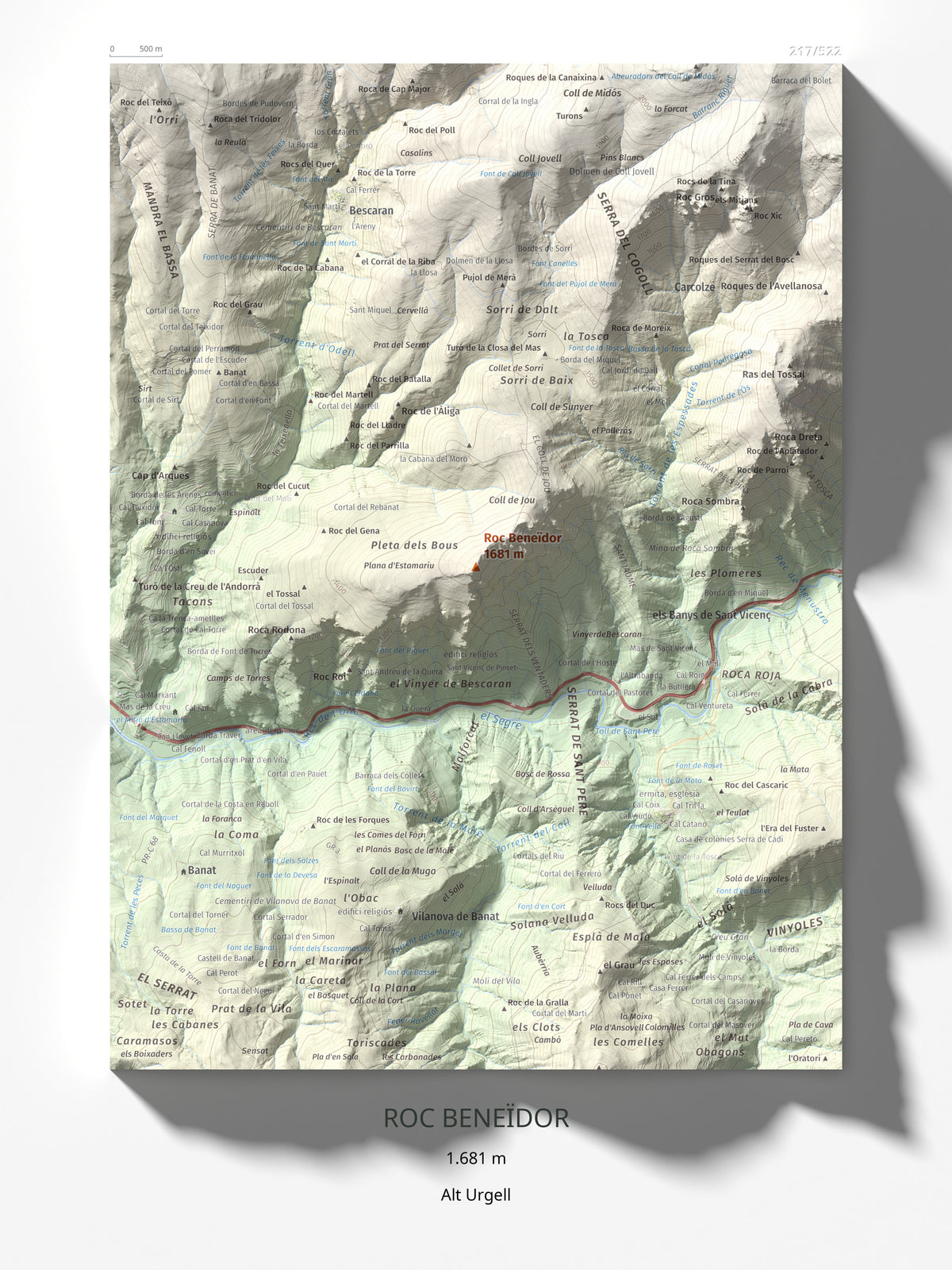Mapa de relieve de Roc Beneïdor, 1681 m, Alt Urgell, lámina 100 Cims de Trobart 30 × 40 cm.