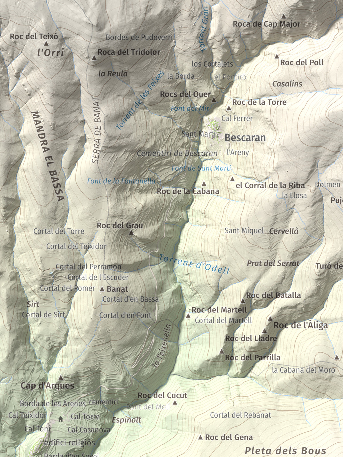 Mapa de relieve de Roc Beneïdor, 1681 m, Alt Urgell, lámina 100 Cims de Trobart. Detalle de la zona superior izquierda. 30 × 40 cm.