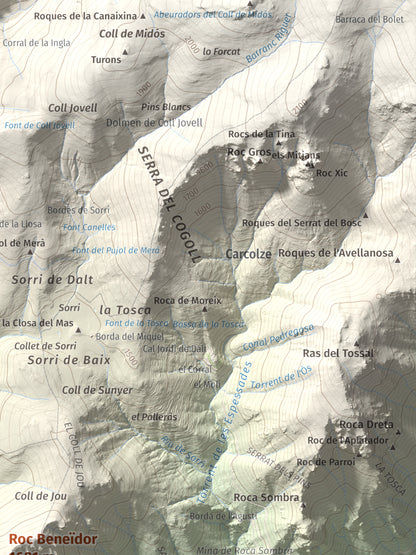 Mapa de relieve de Roc Beneïdor, 1681 m, Alt Urgell, lámina 100 Cims de Trobart. Detalle de la zona superior derecha. 30 × 40 cm.