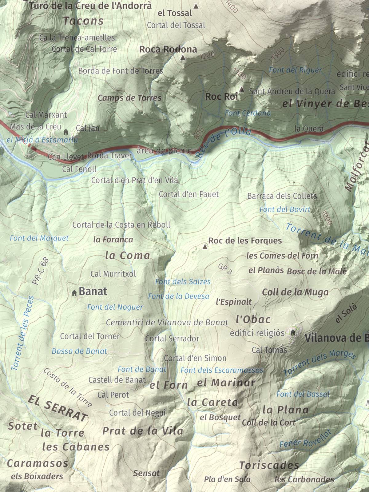 Mapa de relieve de Roc Beneïdor, 1681 m, Alt Urgell, lámina 100 Cims de Trobart. Detalle de la zona inferior izquierda. 30 × 40 cm.