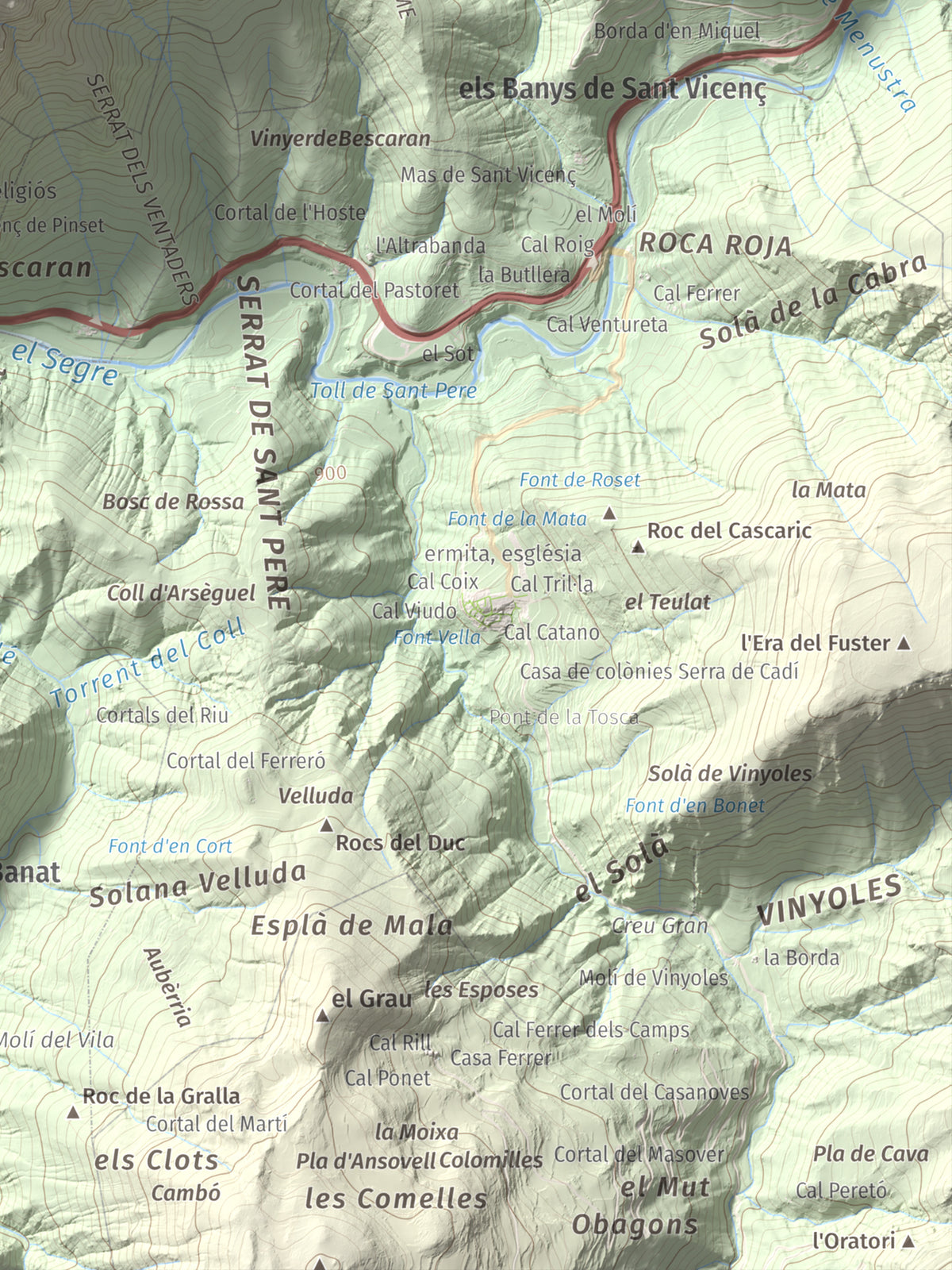 Mapa de relieve de Roc Beneïdor, 1681 m, Alt Urgell, lámina 100 Cims de Trobart. Detalle de la zona inferior derecha. 30 × 40 cm.
