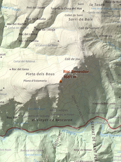 Mapa de relieve de Roc Beneïdor, 1681 m, Alt Urgell, lámina 100 Cims de Trobart. Detalle de la zona central. 30 × 40 cm.