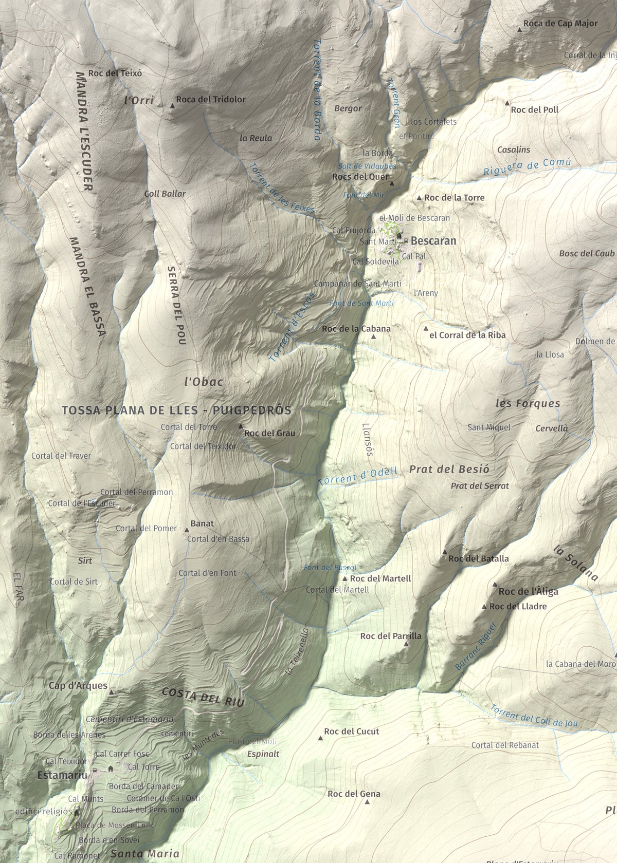 Mapa de relieve de Roc Beneïdor, 1681 m, Alt Urgell, lámina 100 Cims de Trobart. Detalle de la zona superior izquierda. 50 × 70 cm.