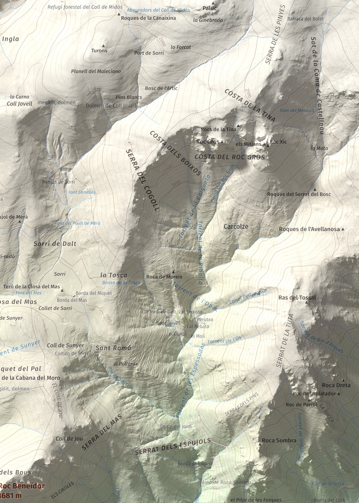 Mapa de relieve de Roc Beneïdor, 1681 m, Alt Urgell, lámina 100 Cims de Trobart. Detalle de la zona superior derecha. 50 × 70 cm.