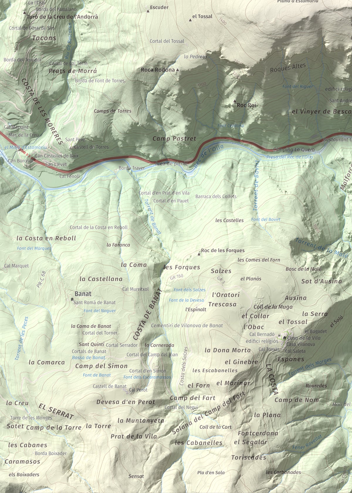 Mapa de relieve de Roc Beneïdor, 1681 m, Alt Urgell, lámina 100 Cims de Trobart. Detalle de la zona inferior izquierda. 50 × 70 cm.