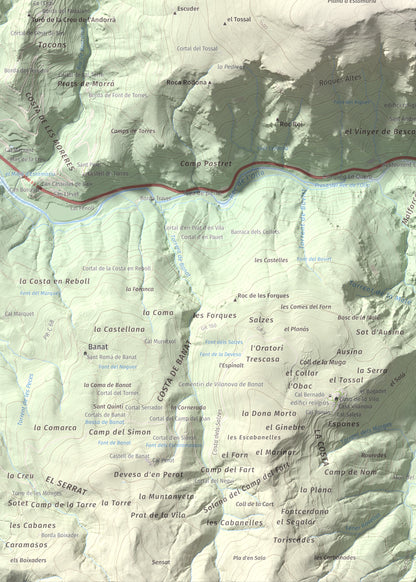 Mapa de relieve de Roc Beneïdor, 1681 m, Alt Urgell, lámina 100 Cims de Trobart. Detalle de la zona inferior izquierda. 50 × 70 cm.