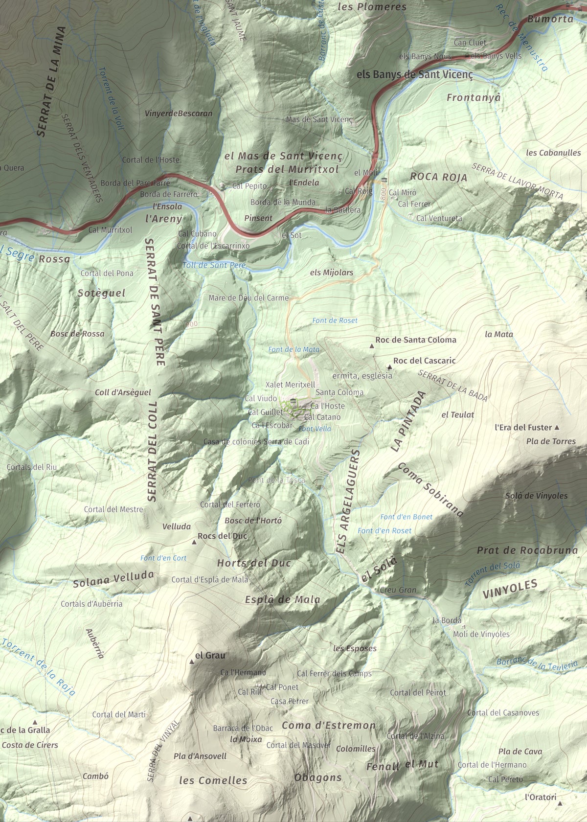 Mapa de relieve de Roc Beneïdor, 1681 m, Alt Urgell, lámina 100 Cims de Trobart. Detalle de la zona inferior derecha. 50 × 70 cm.