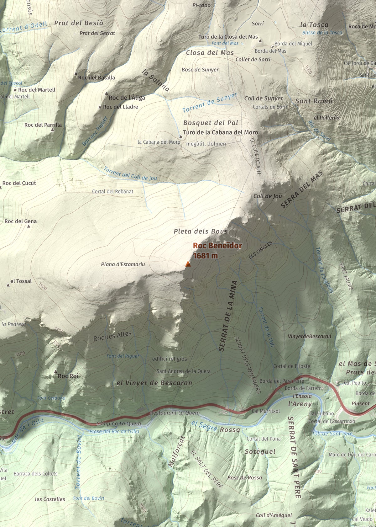 Mapa de relieve de Roc Beneïdor, 1681 m, Alt Urgell, lámina 100 Cims de Trobart. Detalle de la zona central. 50 × 70 cm.