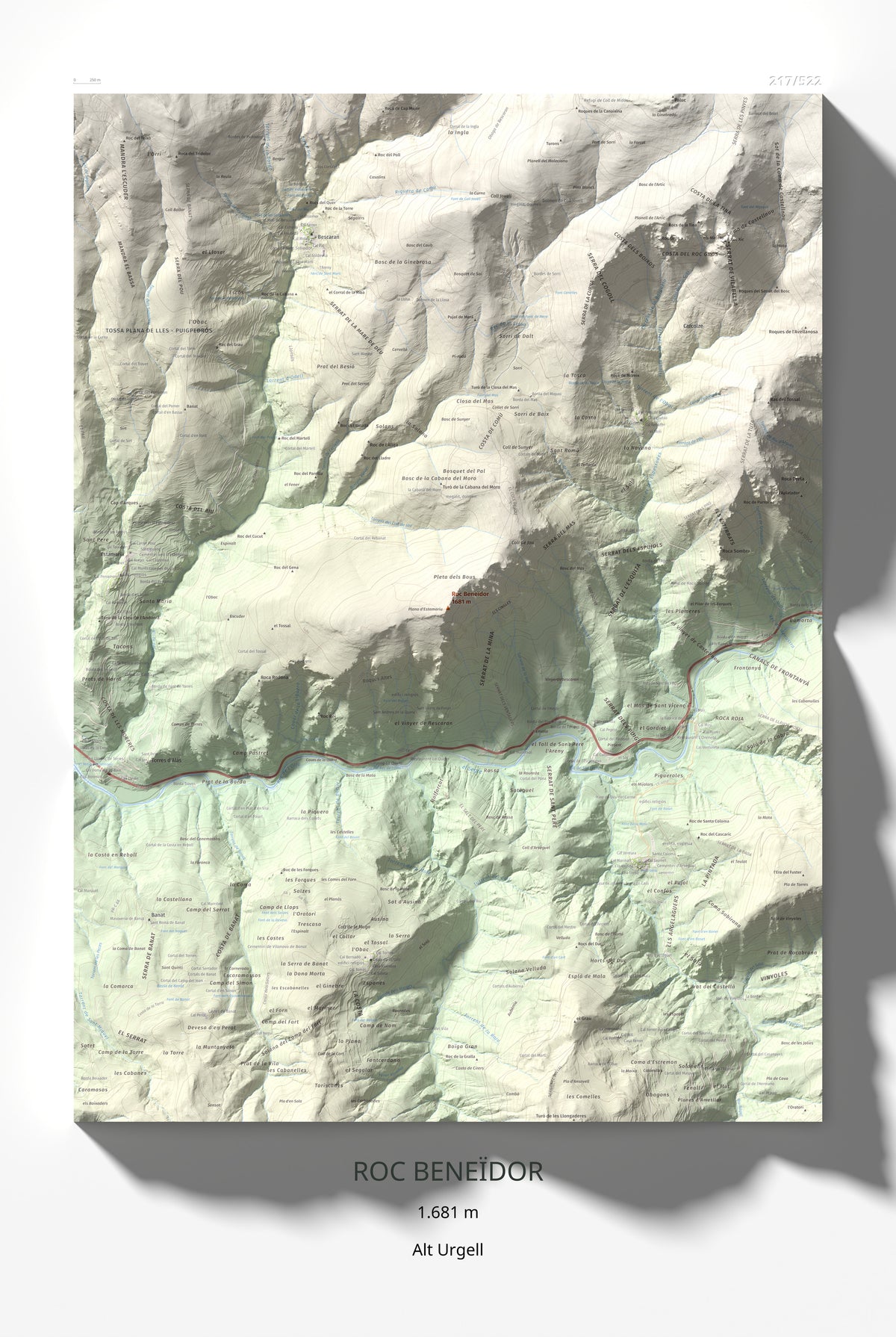 Mapa de relieve de Roc Beneïdor, 1681 m, Alt Urgell, lámina 100 Cims de Trobart 61 × 91 cm.