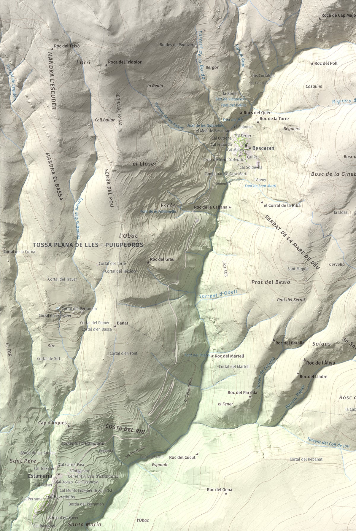 Mapa de relieve de Roc Beneïdor, 1681 m, Alt Urgell, lámina 100 Cims de Trobart. Detalle de la zona superior izquierda. 61 × 91 cm.