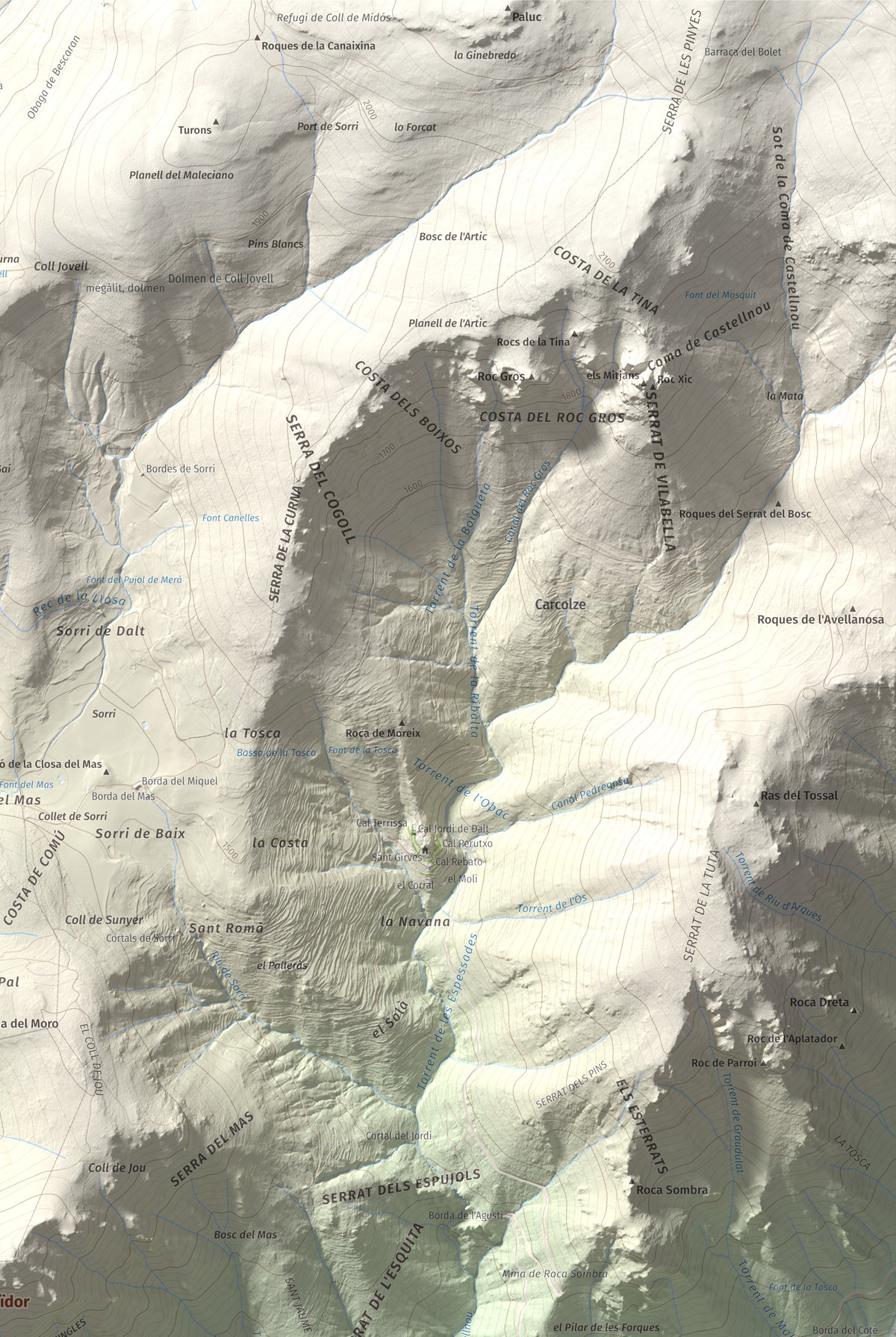 Mapa de relieve de Roc Beneïdor, 1681 m, Alt Urgell, lámina 100 Cims de Trobart. Detalle de la zona superior derecha. 61 × 91 cm.