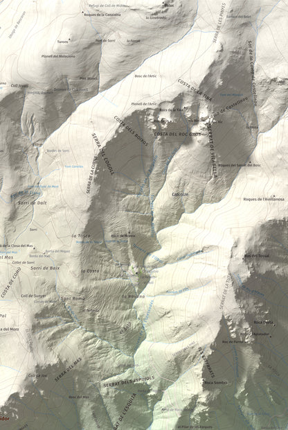 Mapa de relieve de Roc Beneïdor, 1681 m, Alt Urgell, lámina 100 Cims de Trobart. Detalle de la zona superior derecha. 61 × 91 cm.