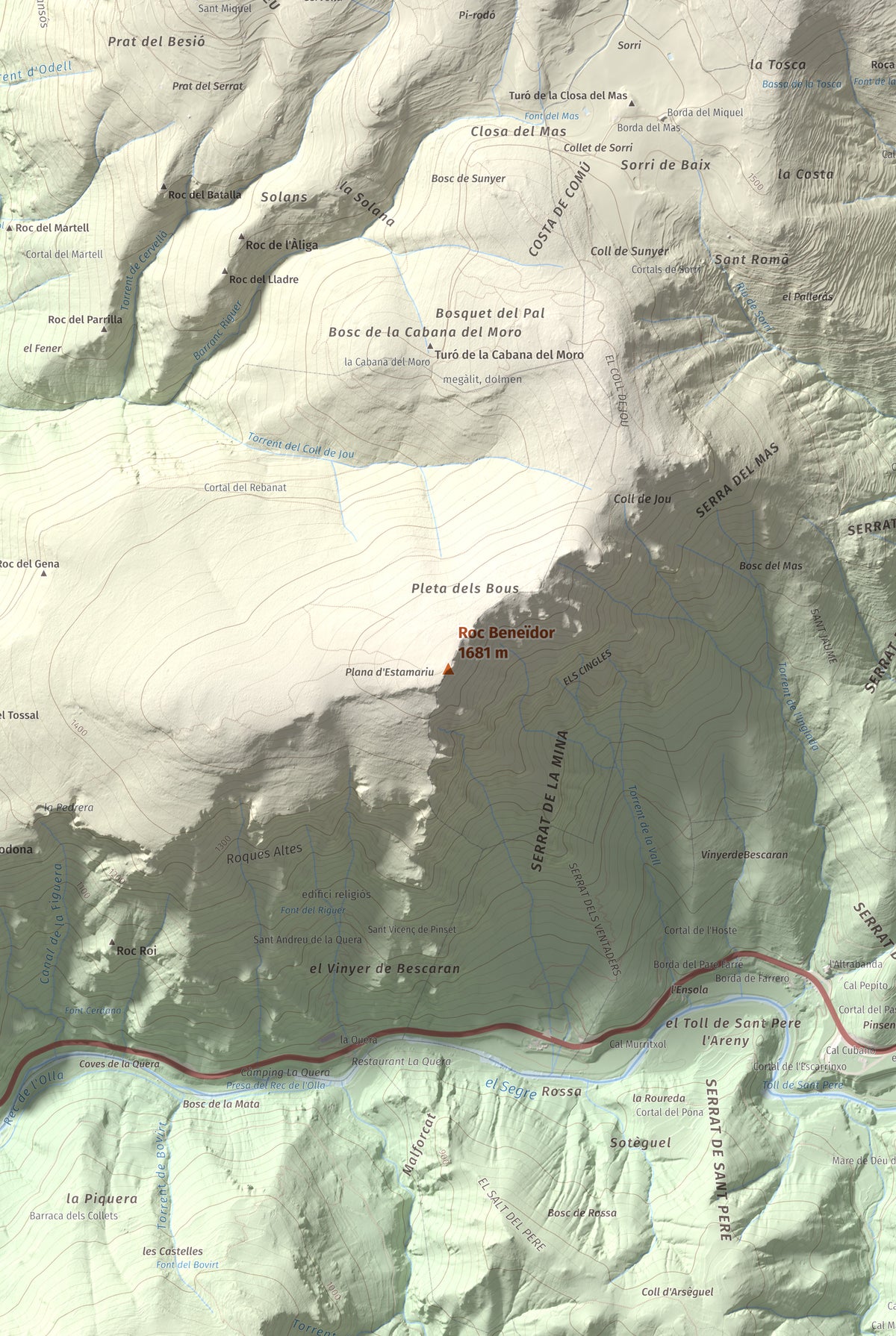 Mapa de relieve de Roc Beneïdor, 1681 m, Alt Urgell, lámina 100 Cims de Trobart. Detalle de la zona central. 61 × 91 cm.