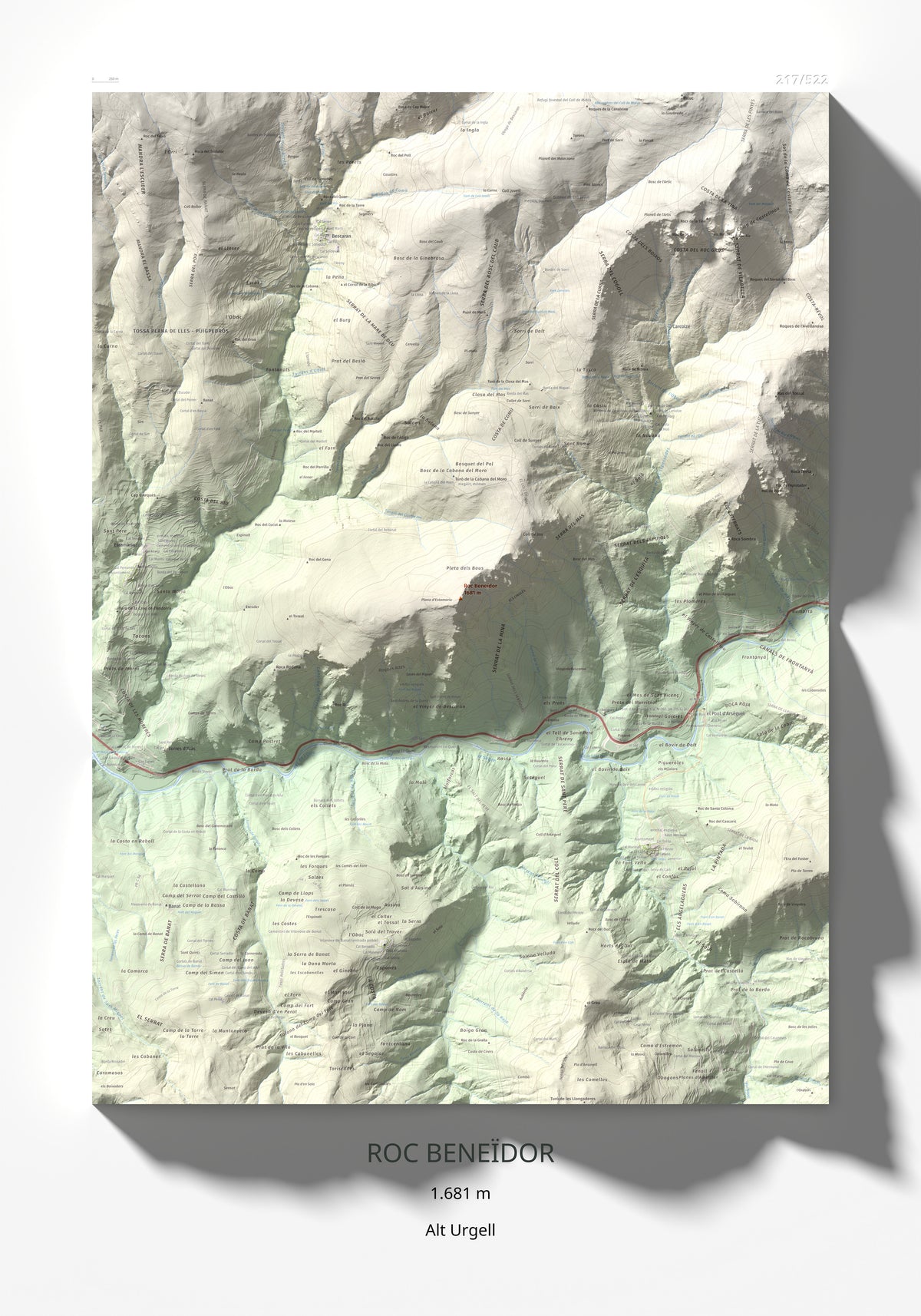 Mapa de relieve de Roc Beneïdor, 1681 m, Alt Urgell, lámina 100 Cims de Trobart 70 × 100 cm.