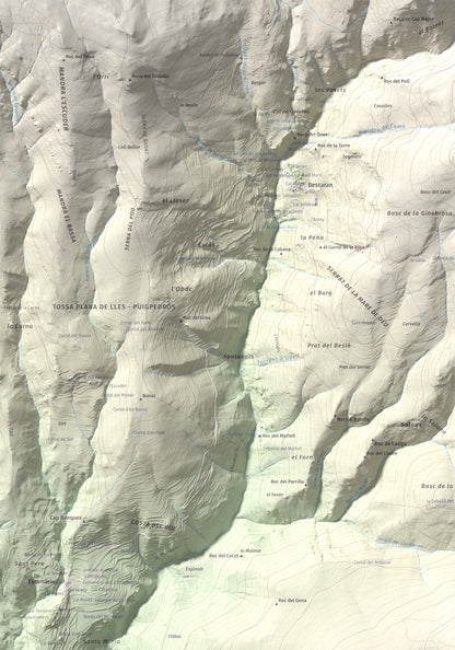 Mapa de relieve de Roc Beneïdor, 1681 m, Alt Urgell, lámina 100 Cims de Trobart. Detalle de la zona superior izquierda. 70 × 100 cm.