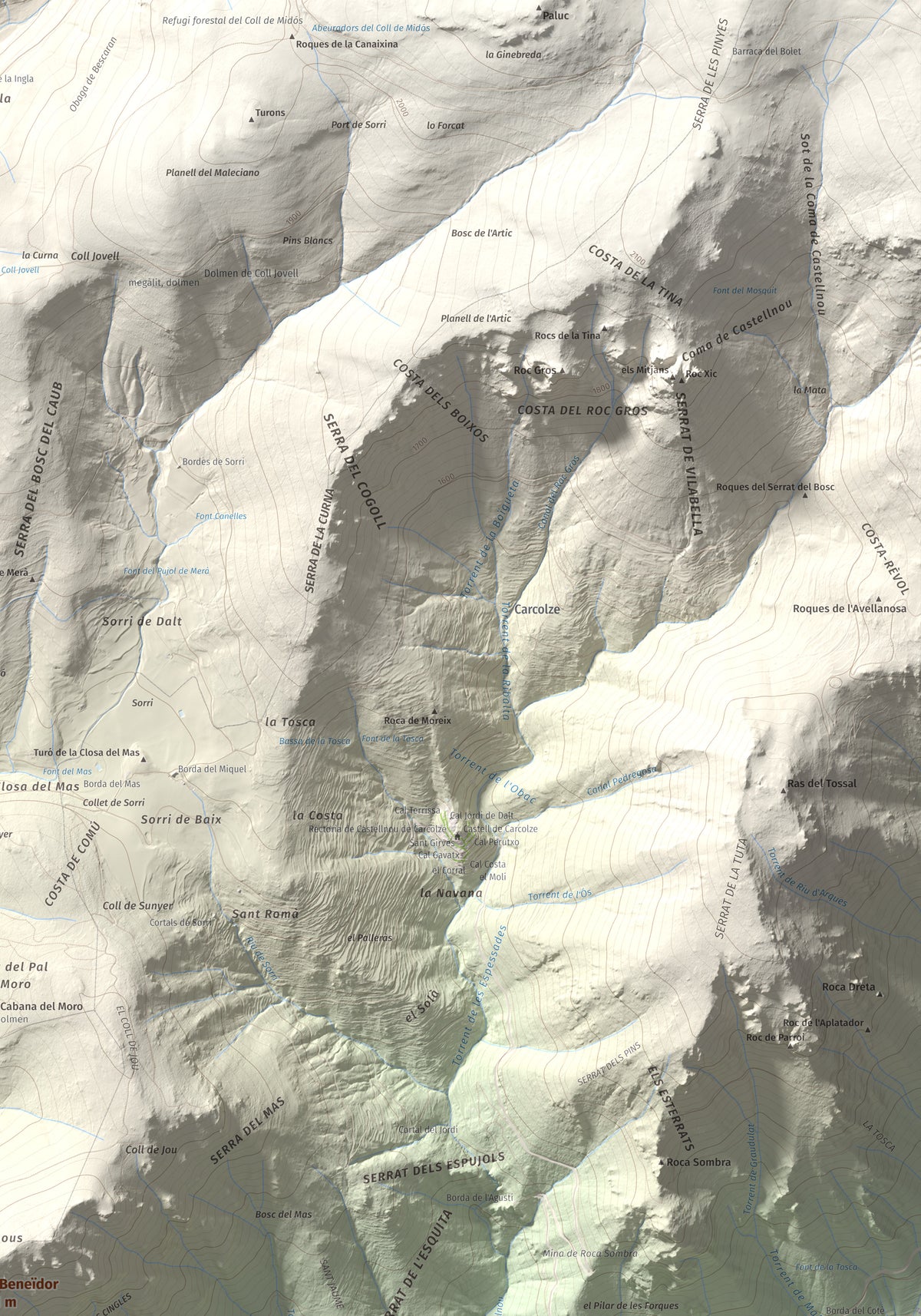 Mapa de relieve de Roc Beneïdor, 1681 m, Alt Urgell, lámina 100 Cims de Trobart. Detalle de la zona superior derecha. 70 × 100 cm.