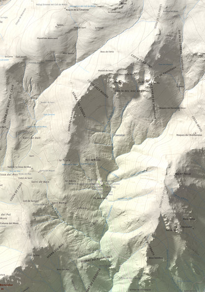Mapa de relieve de Roc Beneïdor, 1681 m, Alt Urgell, lámina 100 Cims de Trobart. Detalle de la zona superior derecha. 70 × 100 cm.