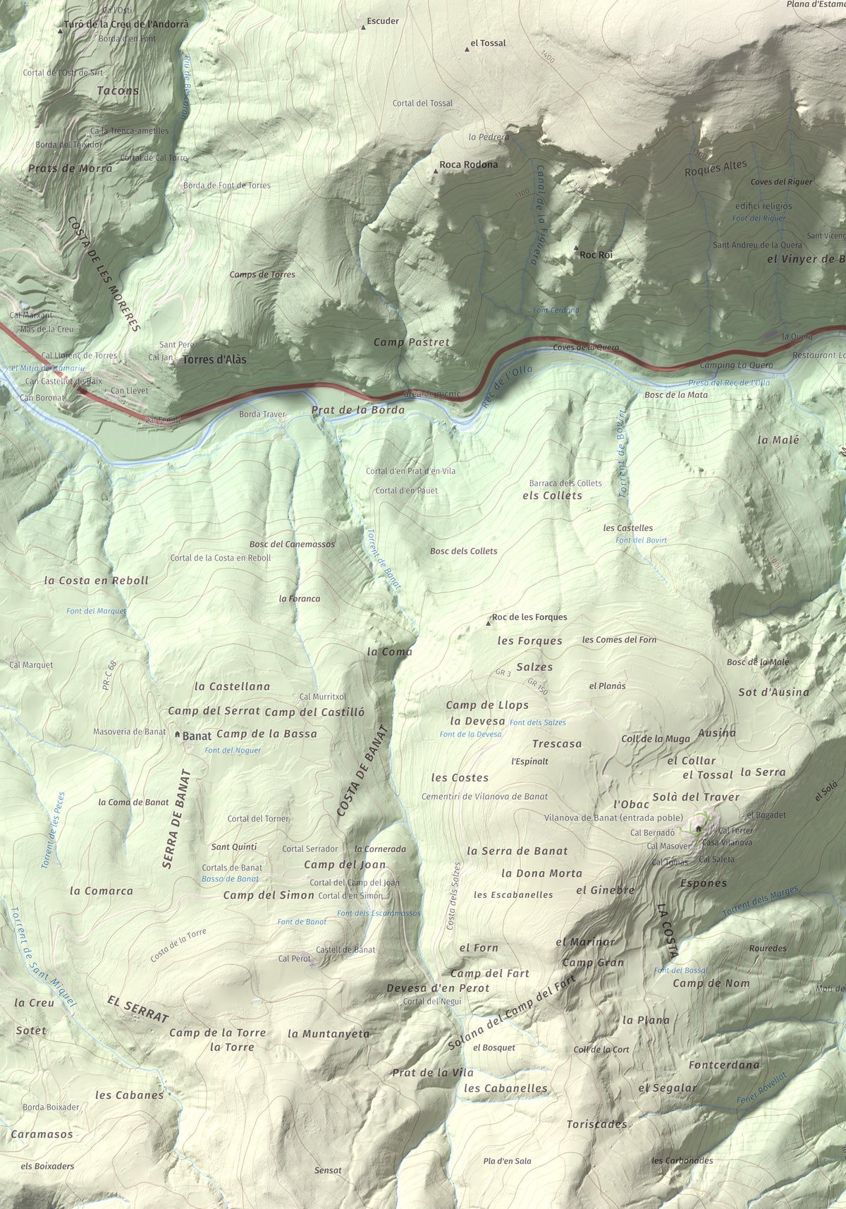 Mapa de relieve de Roc Beneïdor, 1681 m, Alt Urgell, lámina 100 Cims de Trobart. Detalle de la zona inferior izquierda. 70 × 100 cm.