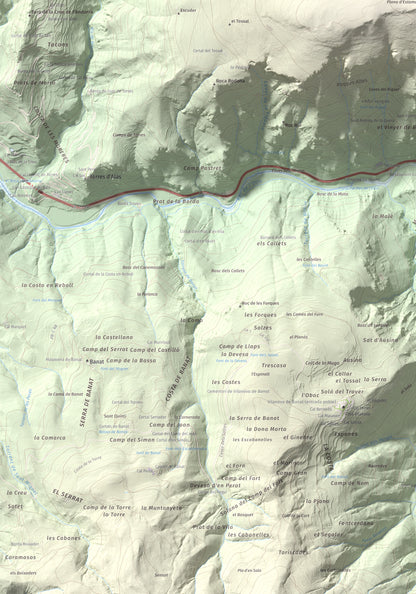 Mapa de relieve de Roc Beneïdor, 1681 m, Alt Urgell, lámina 100 Cims de Trobart. Detalle de la zona inferior izquierda. 70 × 100 cm.