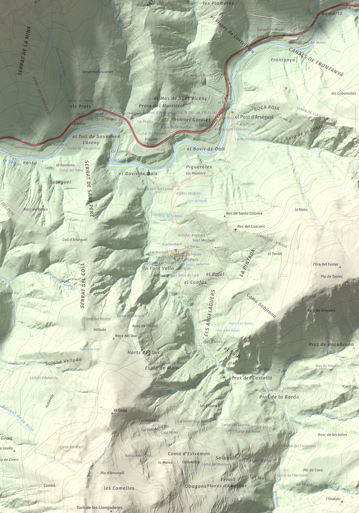 Mapa de relieve de Roc Beneïdor, 1681 m, Alt Urgell, lámina 100 Cims de Trobart. Detalle de la zona inferior derecha. 70 × 100 cm.