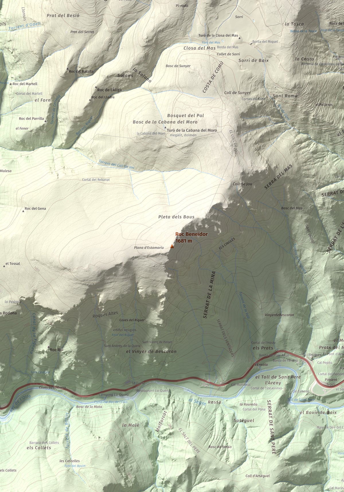 Mapa de relieve de Roc Beneïdor, 1681 m, Alt Urgell, lámina 100 Cims de Trobart. Detalle de la zona central. 70 × 100 cm.