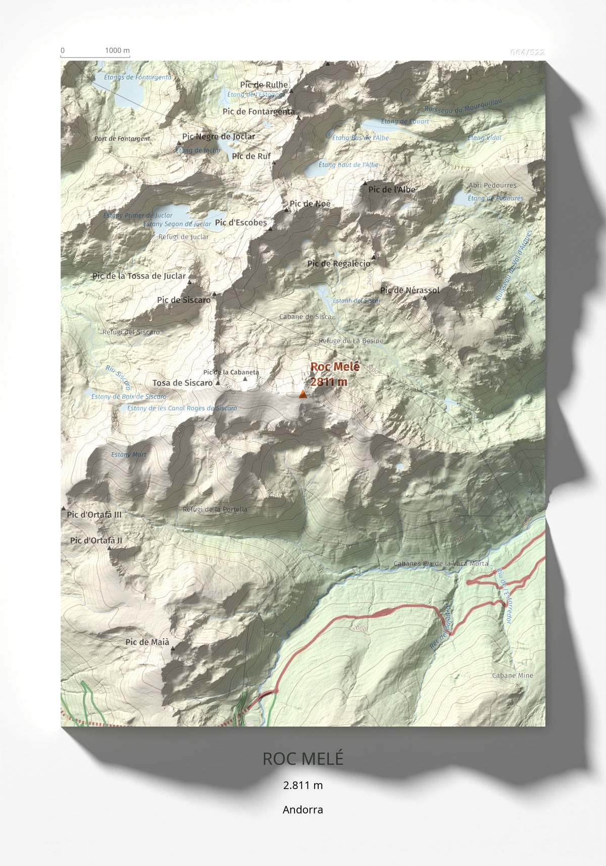 Mapa de relieve de Roc Melé, 2811 m, Andorra, lámina 100 Cims de Trobart 21 × 30 cm.
