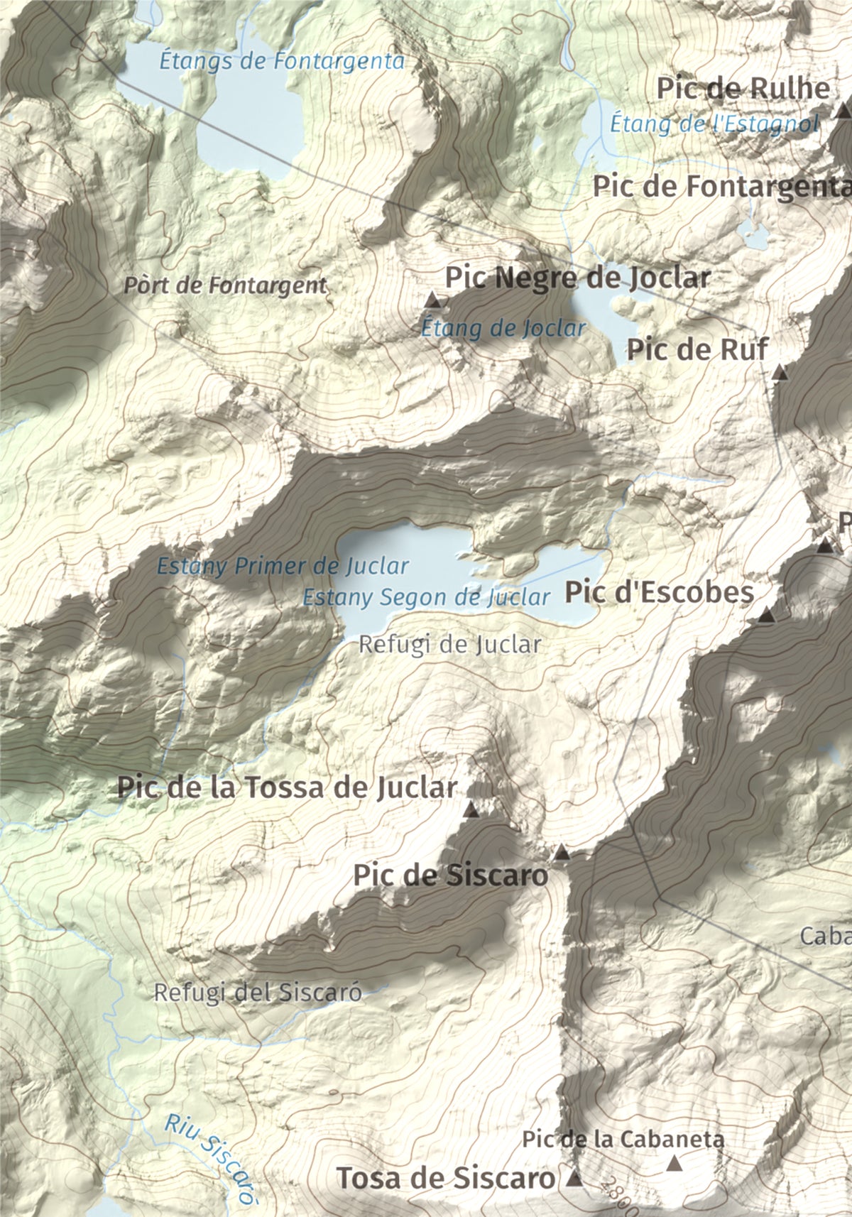Mapa de relieve de Roc Melé, 2811 m, Andorra, lámina 100 Cims de Trobart. Detalle de la zona superior izquierda. 21 × 30 cm.