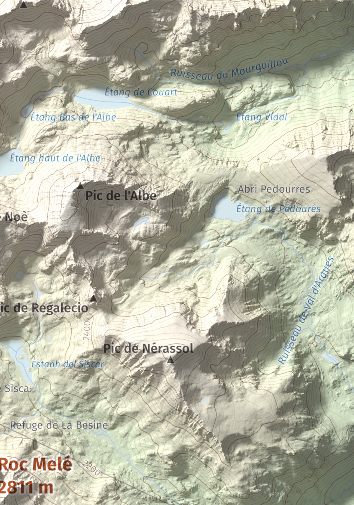 Mapa de relieve de Roc Melé, 2811 m, Andorra, lámina 100 Cims de Trobart. Detalle de la zona superior derecha. 21 × 30 cm.