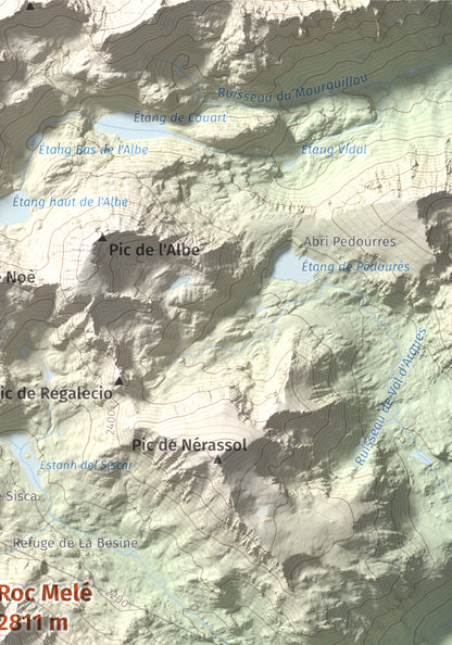 Mapa de relieve de Roc Melé, 2811 m, Andorra, lámina 100 Cims de Trobart. Detalle de la zona superior derecha. 21 × 30 cm.