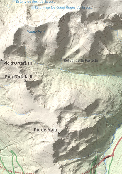 Mapa de relieve de Roc Melé, 2811 m, Andorra, lámina 100 Cims de Trobart. Detalle de la zona inferior izquierda. 21 × 30 cm.