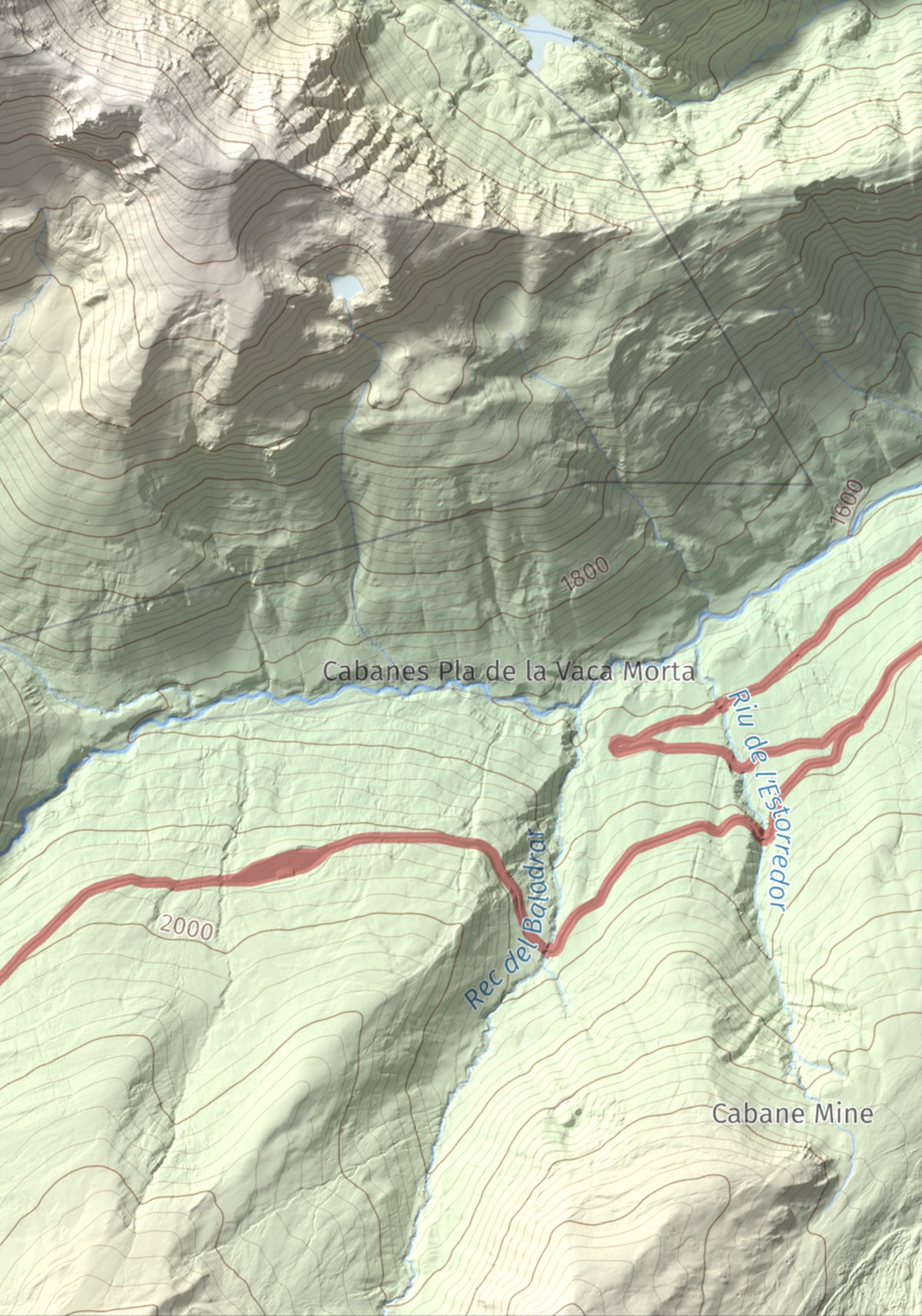 Mapa de relieve de Roc Melé, 2811 m, Andorra, lámina 100 Cims de Trobart. Detalle de la zona inferior derecha. 21 × 30 cm.