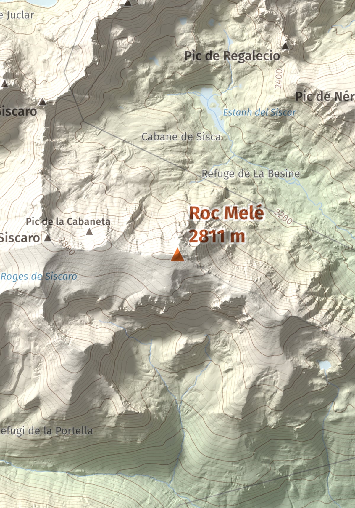 Mapa de relieve de Roc Melé, 2811 m, Andorra, lámina 100 Cims de Trobart. Detalle de la zona central. 21 × 30 cm.