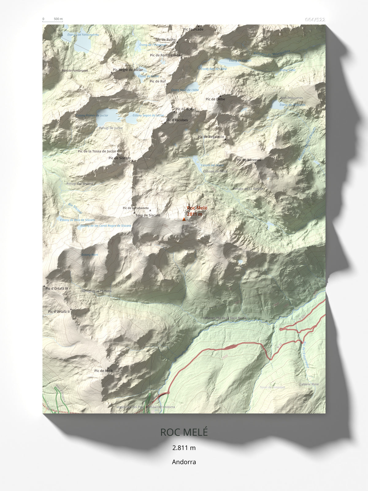 Mapa de relieve de Roc Melé, 2811 m, Andorra, lámina 100 Cims de Trobart 30 × 40 cm.