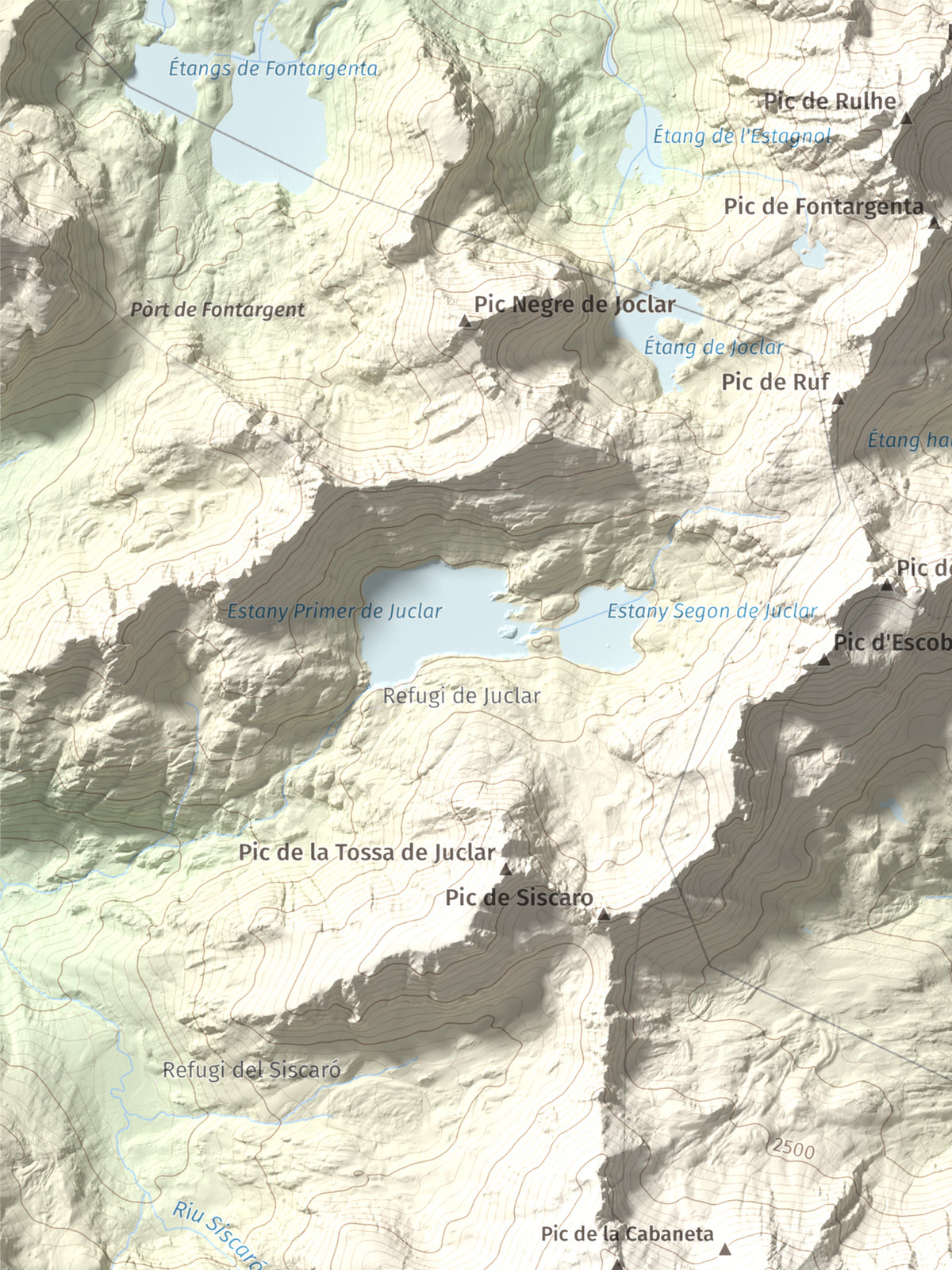 Mapa de relieve de Roc Melé, 2811 m, Andorra, lámina 100 Cims de Trobart. Detalle de la zona superior izquierda. 30 × 40 cm.