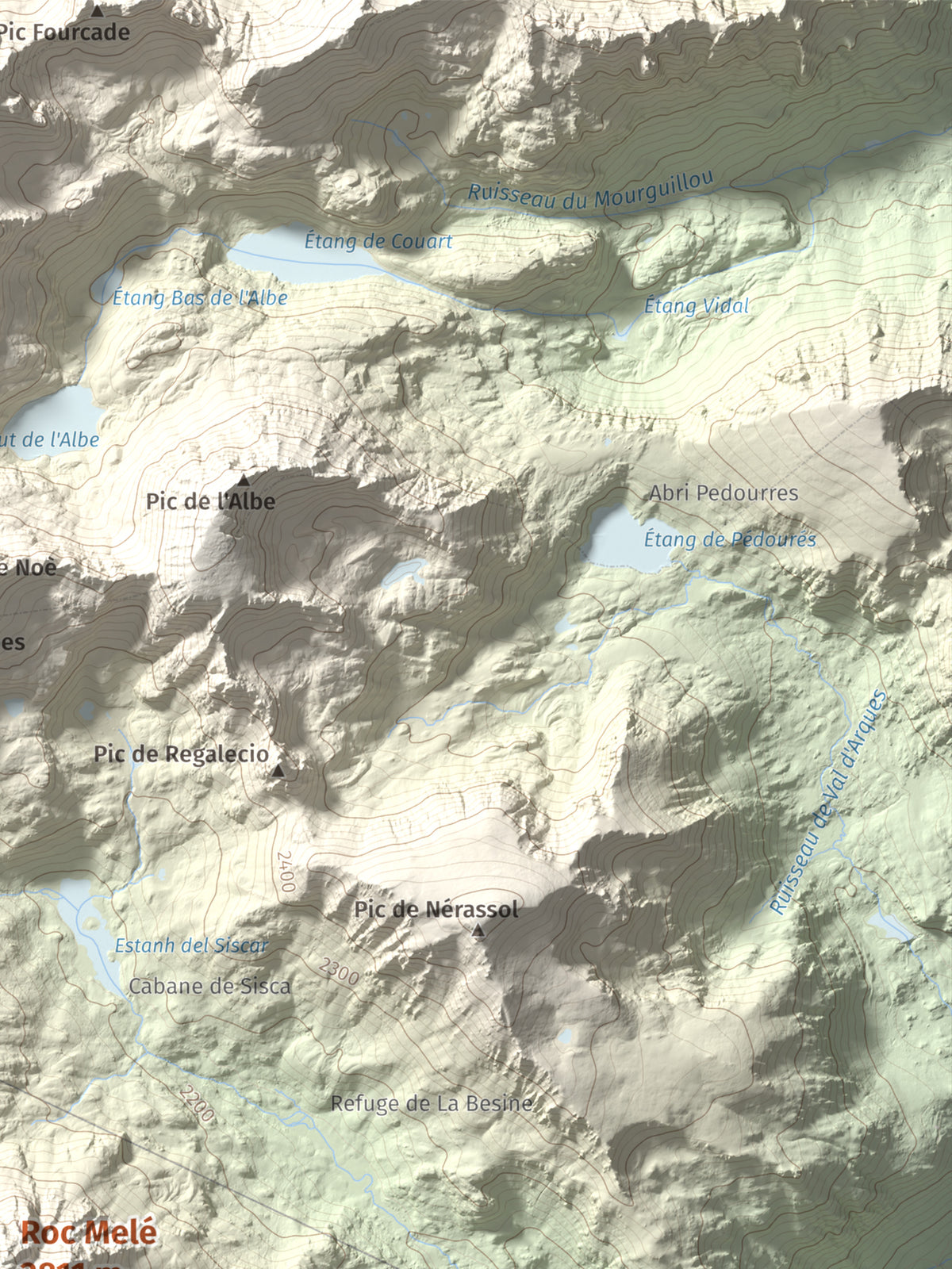 Mapa de relieve de Roc Melé, 2811 m, Andorra, lámina 100 Cims de Trobart. Detalle de la zona superior derecha. 30 × 40 cm.