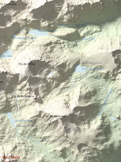 Mapa de relieve de Roc Melé, 2811 m, Andorra, lámina 100 Cims de Trobart. Detalle de la zona superior derecha. 30 × 40 cm.