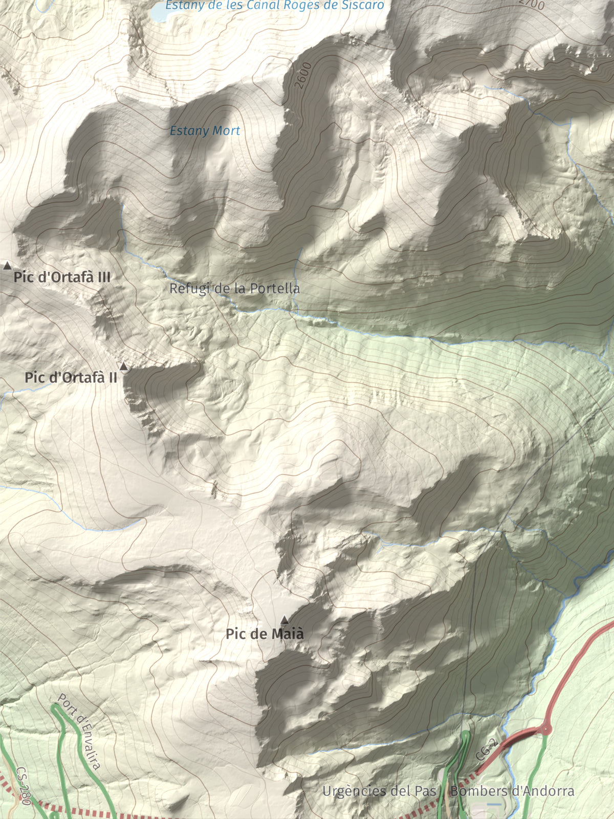 Mapa de relieve de Roc Melé, 2811 m, Andorra, lámina 100 Cims de Trobart. Detalle de la zona inferior izquierda. 30 × 40 cm.