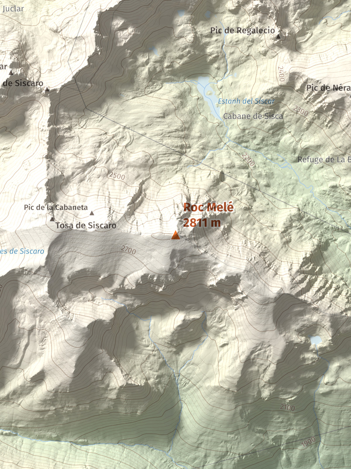 Mapa de relieve de Roc Melé, 2811 m, Andorra, lámina 100 Cims de Trobart. Detalle de la zona central. 30 × 40 cm.