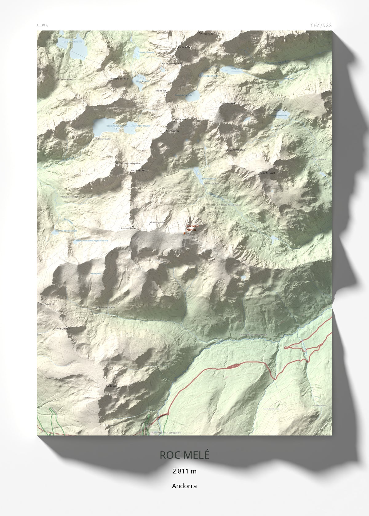 Mapa de relieve de Roc Melé, 2811 m, Andorra, lámina 100 Cims de Trobart 50 × 70 cm.