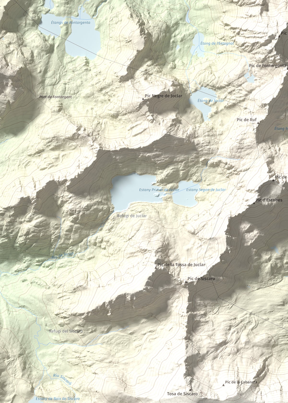 Mapa de relieve de Roc Melé, 2811 m, Andorra, lámina 100 Cims de Trobart. Detalle de la zona superior izquierda. 50 × 70 cm.