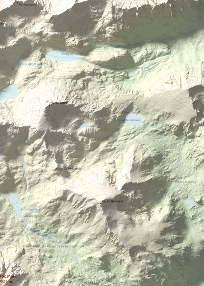 Mapa de relieve de Roc Melé, 2811 m, Andorra, lámina 100 Cims de Trobart. Detalle de la zona superior derecha. 50 × 70 cm.