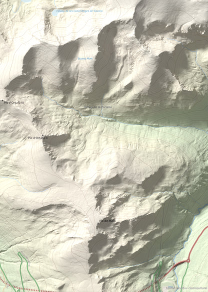 Mapa de relieve de Roc Melé, 2811 m, Andorra, lámina 100 Cims de Trobart. Detalle de la zona inferior izquierda. 50 × 70 cm.