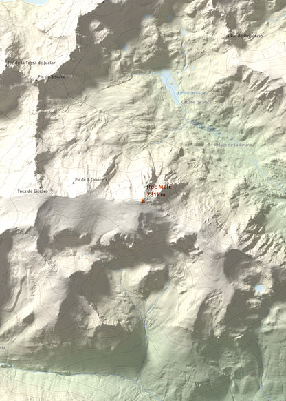 Mapa de relieve de Roc Melé, 2811 m, Andorra, lámina 100 Cims de Trobart. Detalle de la zona central. 50 × 70 cm.