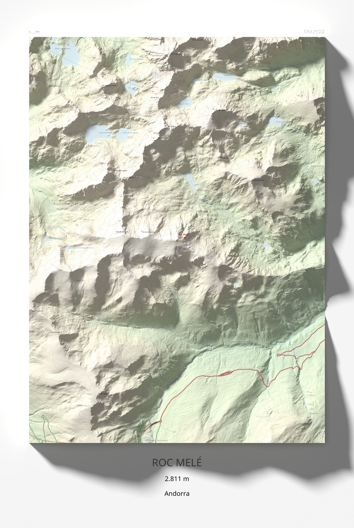 Mapa de relieve de Roc Melé, 2811 m, Andorra, lámina 100 Cims de Trobart 61 × 91 cm.