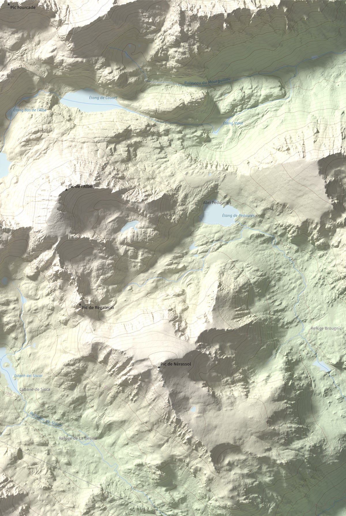Mapa de relieve de Roc Melé, 2811 m, Andorra, lámina 100 Cims de Trobart. Detalle de la zona superior derecha. 61 × 91 cm.