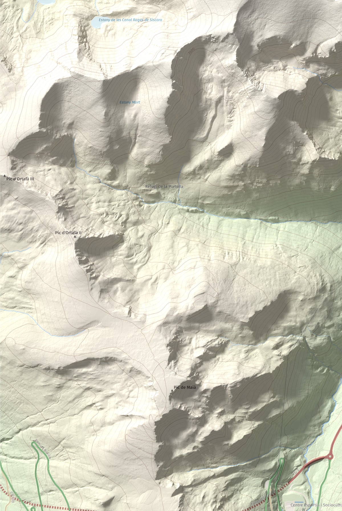 Mapa de relieve de Roc Melé, 2811 m, Andorra, lámina 100 Cims de Trobart. Detalle de la zona inferior izquierda. 61 × 91 cm.