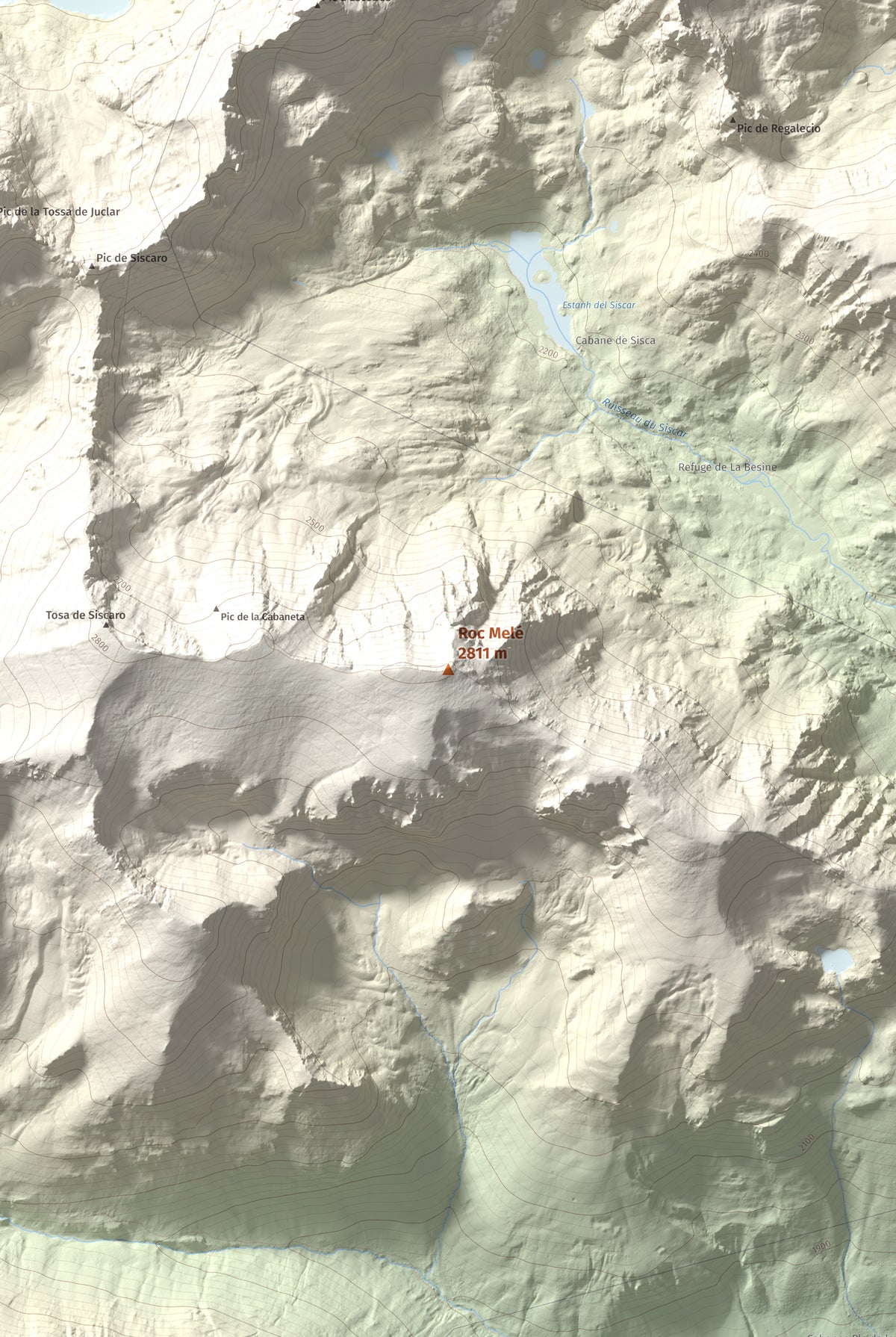 Mapa de relieve de Roc Melé, 2811 m, Andorra, lámina 100 Cims de Trobart. Detalle de la zona central. 61 × 91 cm.