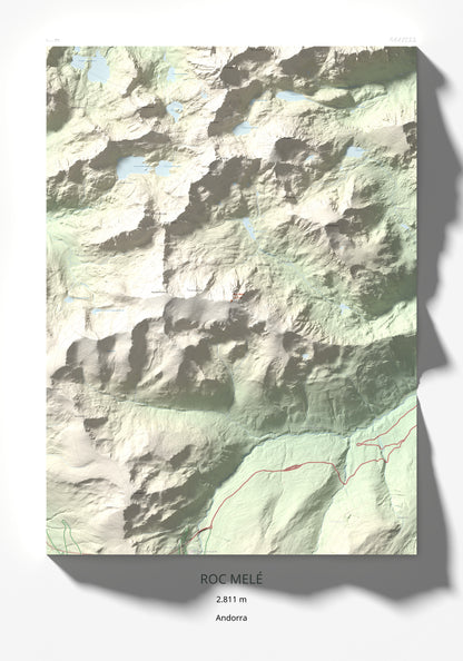 Mapa de relieve de Roc Melé, 2811 m, Andorra, lámina 100 Cims de Trobart 70 × 100 cm.