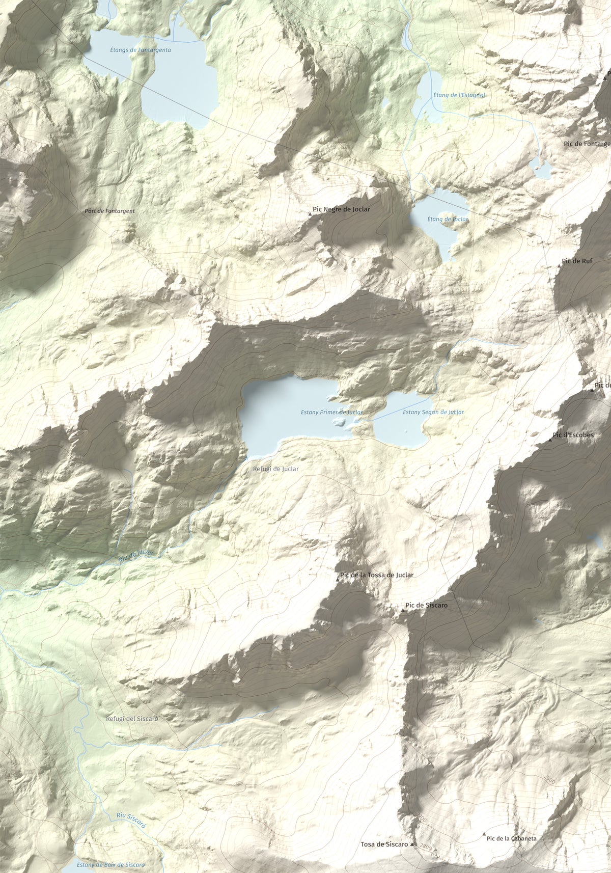 Mapa de relieve de Roc Melé, 2811 m, Andorra, lámina 100 Cims de Trobart. Detalle de la zona superior izquierda. 70 × 100 cm.